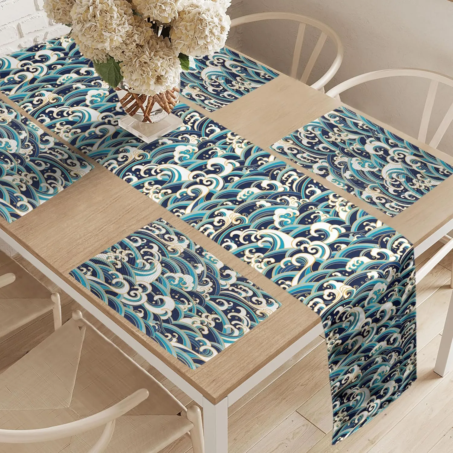 Ambesonne Nautical Table Runner & Placemats, Traditional Oriental Style Ocean Waves Pattern Foam and Splashes Print, Set for Dining Table Decor, Placemat 4 pcs   Runner 16"x72", Blue and White