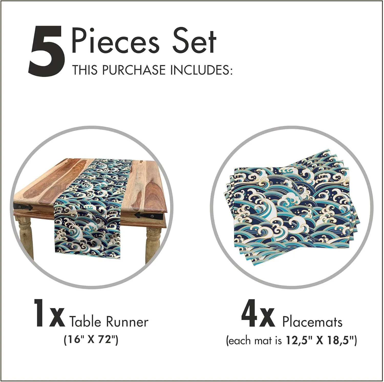 Ambesonne Nautical Table Runner & Placemats, Traditional Oriental Style Ocean Waves Pattern Foam and Splashes Print, Set for Dining Table Decor, Placemat 4 pcs   Runner 16"x72", Blue and White