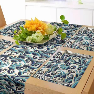 Ambesonne Nautical Table Runner & Placemats, Traditional Oriental Style Ocean Waves Pattern Foam and Splashes Print, Set for Dining Table Decor, Placemat 4 pcs   Runner 16"x72", Blue and White