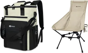 ayamaya Ultralight Chair   Backpack Cooler, High Back Aluminum Widen Frame Structure Folding Chair wigh Side Pocket, Black 35 Cans Leakproof Cooler Backpack for Women Camping Beach Picnic