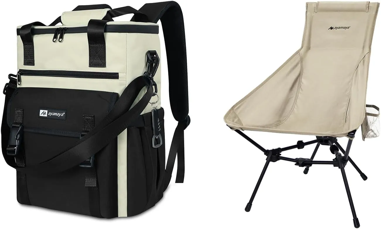 ayamaya Ultralight Chair   Backpack Cooler, High Back Aluminum Widen Frame Structure Folding Chair wigh Side Pocket, Black 35 Cans Leakproof Cooler Backpack for Women Camping Beach Picnic