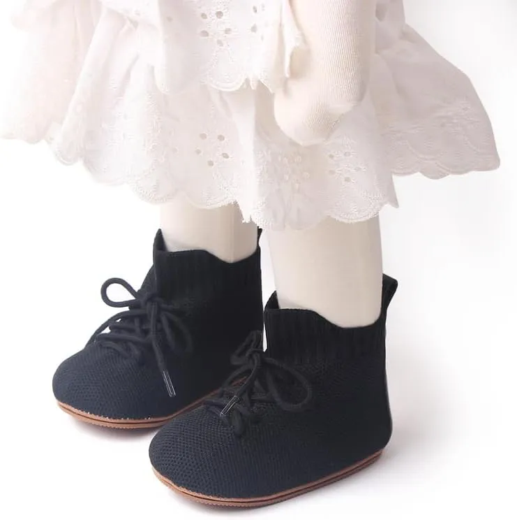 Baby Booties for Boys & Girls 3-18 Months - Soft Knit High-Top Boots with Lace-Up Closure, Non-Slip Rubber Sole