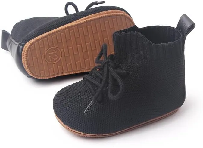 Baby Booties for Boys & Girls 3-18 Months - Soft Knit High-Top Boots with Lace-Up Closure, Non-Slip Rubber Sole