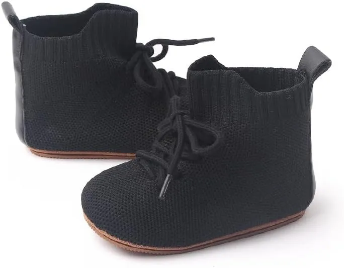 Baby Booties for Boys & Girls 3-18 Months - Soft Knit High-Top Boots with Lace-Up Closure, Non-Slip Rubber Sole