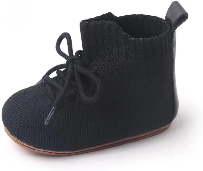 Baby Booties for Boys & Girls 3-18 Months - Soft Knit High-Top Boots with Lace-Up Closure, Non-Slip Rubber Sole