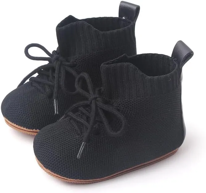 Baby Booties for Boys & Girls 3-18 Months - Soft Knit High-Top Boots with Lace-Up Closure, Non-Slip Rubber Sole