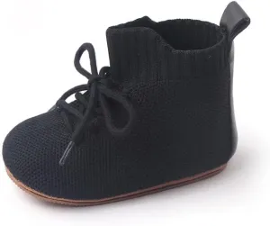 Baby Booties for Boys & Girls 3-18 Months - Soft Knit High-Top Boots with Lace-Up Closure, Non-Slip Rubber Sole