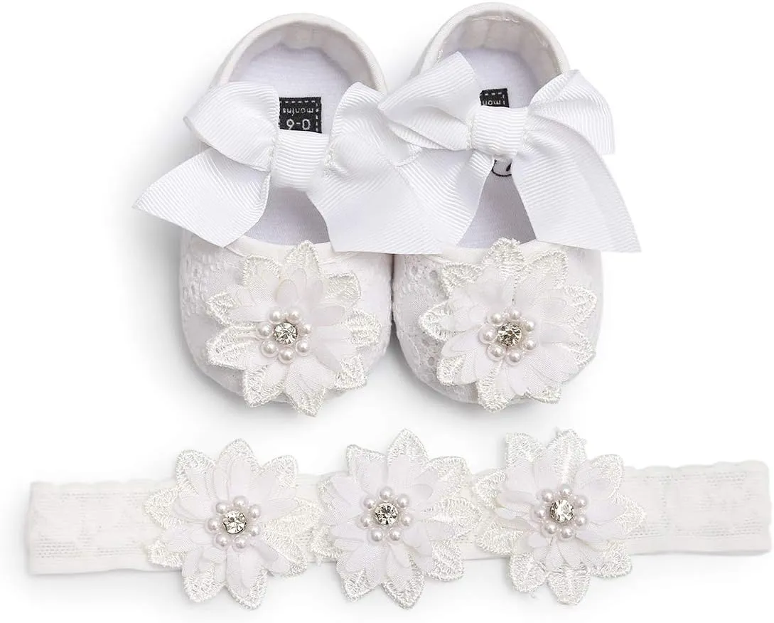 Baby Girls Mary Jane Flats with Bowknot Flowers Princess Wedding Dress Ballet Shoes Non-Slip Toddler First Walkers Newborn Crib Shoes
