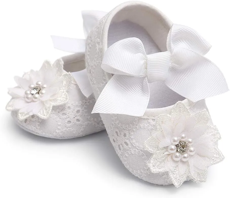 Baby Girls Mary Jane Flats with Bowknot Flowers Princess Wedding Dress Ballet Shoes Non-Slip Toddler First Walkers Newborn Crib Shoes