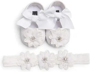 Baby Girls Mary Jane Flats with Bowknot Flowers Princess Wedding Dress Ballet Shoes Non-Slip Toddler First Walkers Newborn Crib Shoes