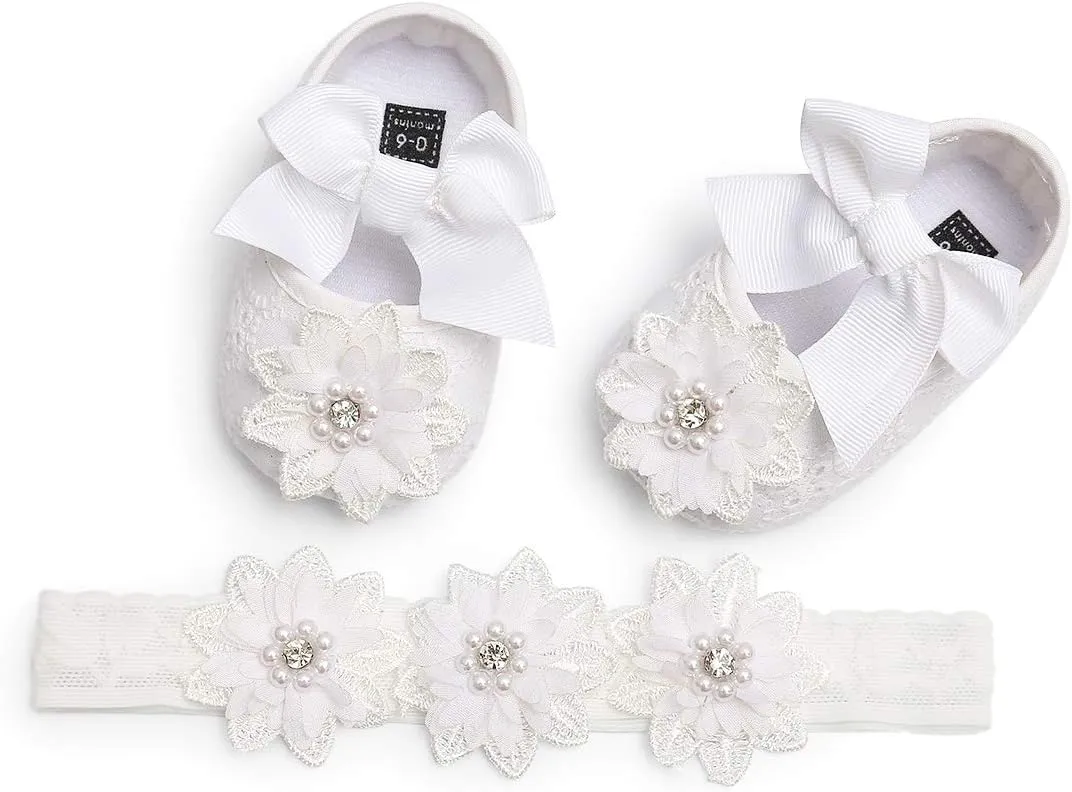 Baby Girls Mary Jane Flats with Bowknot Flowers Princess Wedding Dress Ballet Shoes Non-Slip Toddler First Walkers Newborn Crib Shoes