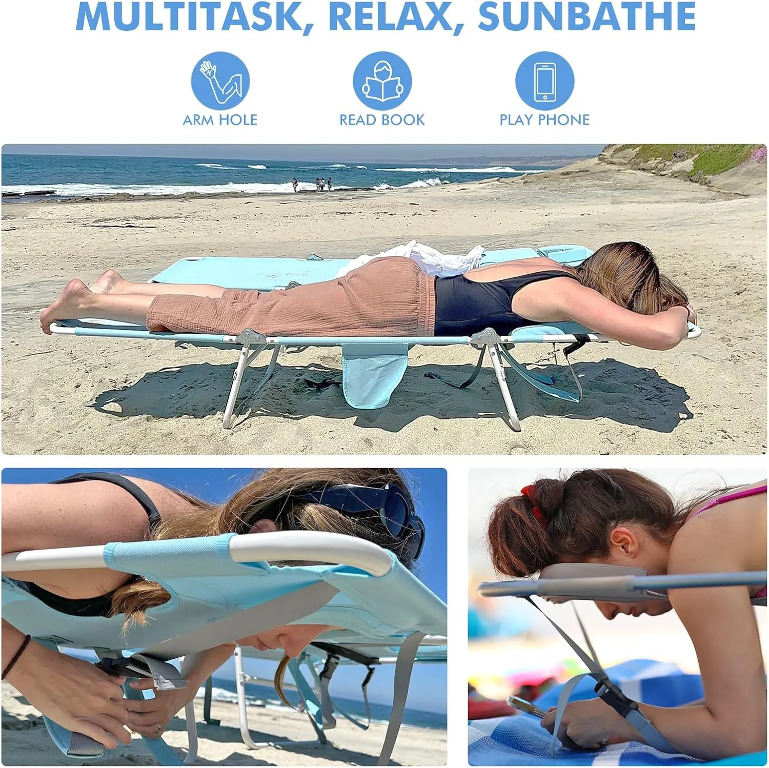 Backpack Beach Tanning Chair with Canopy Sun Shade & Face Hole, 6 Position Folding Lounge Sun Chair for Adults Outside Reading Sunbathing Poolside Camping Lawn, UPF 50 , Patent Design