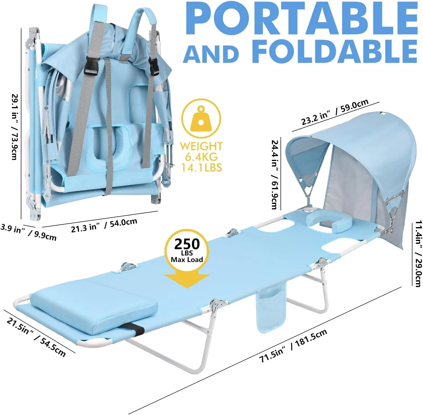 Backpack Beach Tanning Chair with Canopy Sun Shade & Face Hole, 6 Position Folding Lounge Sun Chair for Adults Outside Reading Sunbathing Poolside Camping Lawn, UPF 50 , Patent Design