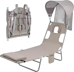 Backpack Beach Tanning Chair with Canopy Sun Shade & Face Hole, 6 Position Folding Lounge Sun Chair for Adults Outside Reading Sunbathing Poolside Camping Lawn, UPF 50 , Patent Design