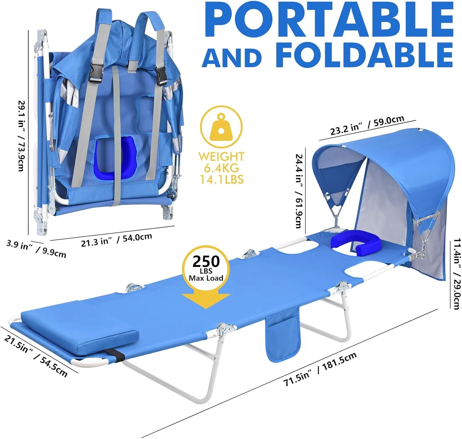 Backpack Beach Tanning Chair with Canopy Sun Shade & Face Hole, 6 Position Folding Lounge Sun Chair for Adults Outside Reading Sunbathing Poolside Camping Lawn, UPF 50 , Patent Design