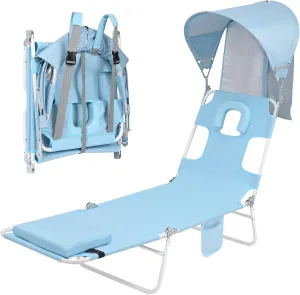Backpack Beach Tanning Chair with Canopy Sun Shade & Face Hole, 6 Position Folding Lounge Sun Chair for Adults Outside Reading Sunbathing Poolside Camping Lawn, UPF 50 , Patent Design