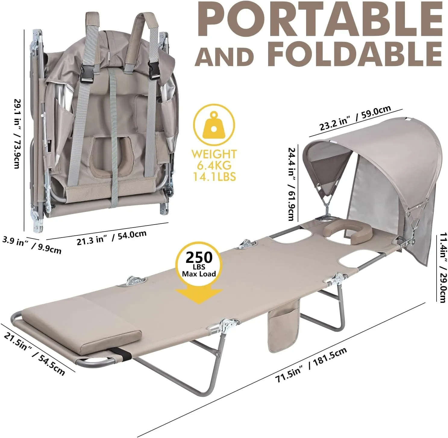 Backpack Beach Tanning Chair with Canopy Sun Shade & Face Hole, 6 Position Folding Lounge Sun Chair for Adults Outside Reading Sunbathing Poolside Camping Lawn, UPF 50 , Patent Design
