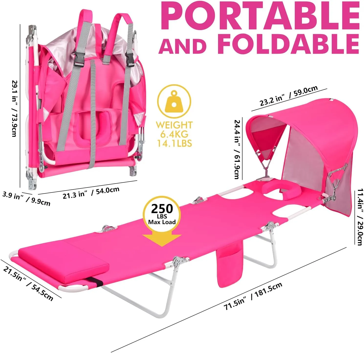 Backpack Beach Tanning Chair with Canopy Sun Shade & Face Hole, 6 Position Folding Lounge Sun Chair for Adults Outside Reading Sunbathing Poolside Camping Lawn, UPF 50 , Pink, Patent Design