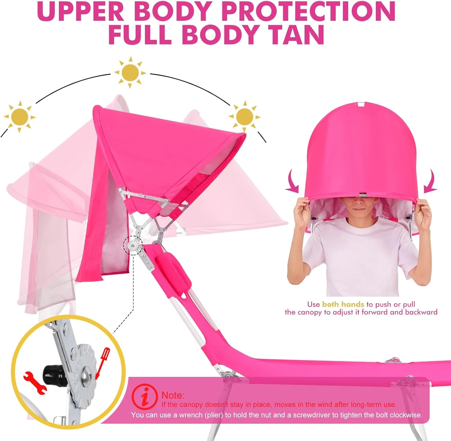 Backpack Beach Tanning Chair with Canopy Sun Shade & Face Hole, 6 Position Folding Lounge Sun Chair for Adults Outside Reading Sunbathing Poolside Camping Lawn, UPF 50 , Pink, Patent Design