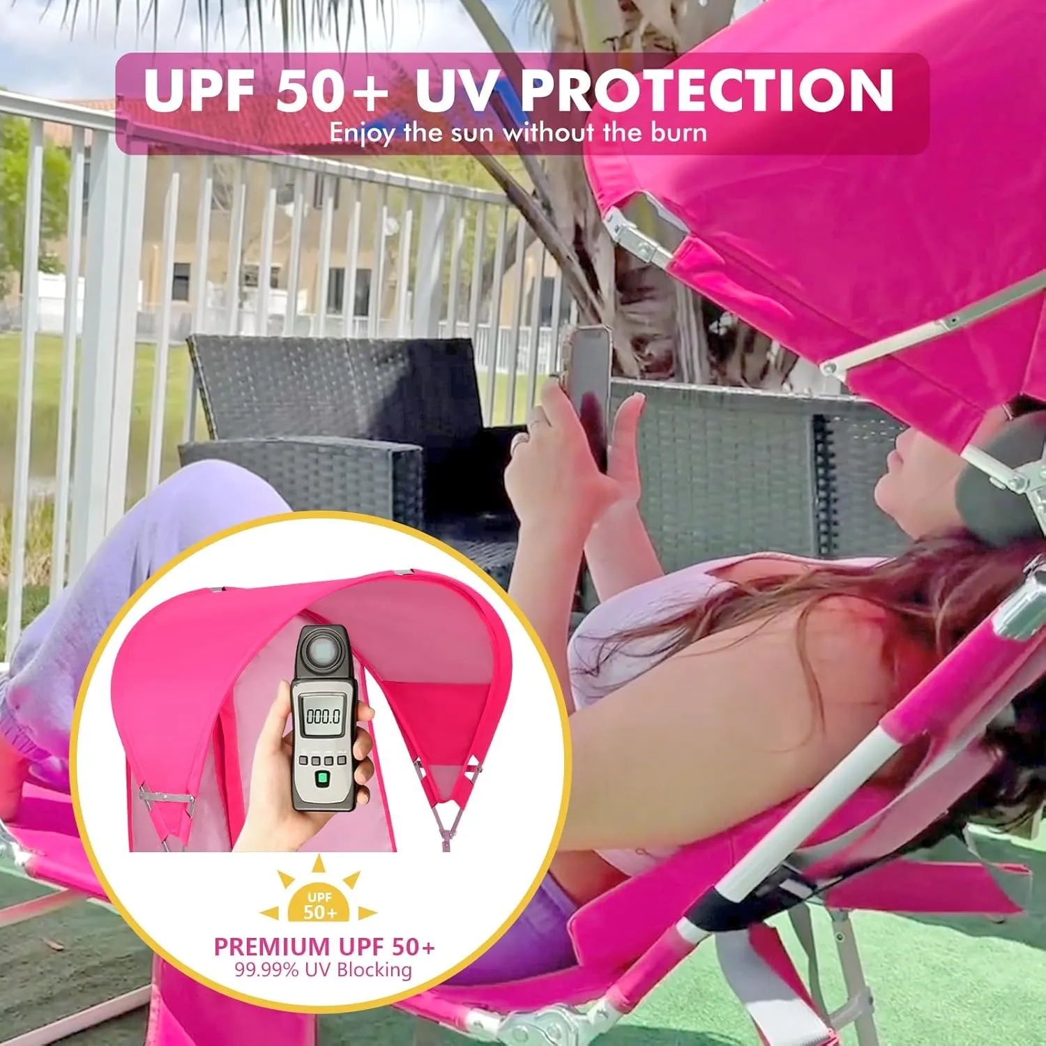Backpack Beach Tanning Chair with Canopy Sun Shade & Face Hole, 6 Position Folding Lounge Sun Chair for Adults Outside Reading Sunbathing Poolside Camping Lawn, UPF 50 , Pink, Patent Design