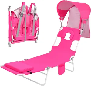 Backpack Beach Tanning Chair with Canopy Sun Shade & Face Hole, 6 Position Folding Lounge Sun Chair for Adults Outside Reading Sunbathing Poolside Camping Lawn, UPF 50 , Pink, Patent Design