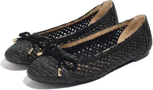 Ballet Flats Shoes for Women Fashionable Raffia Mary Jane Flats Comfortable Pull-on Breathable Bow Design