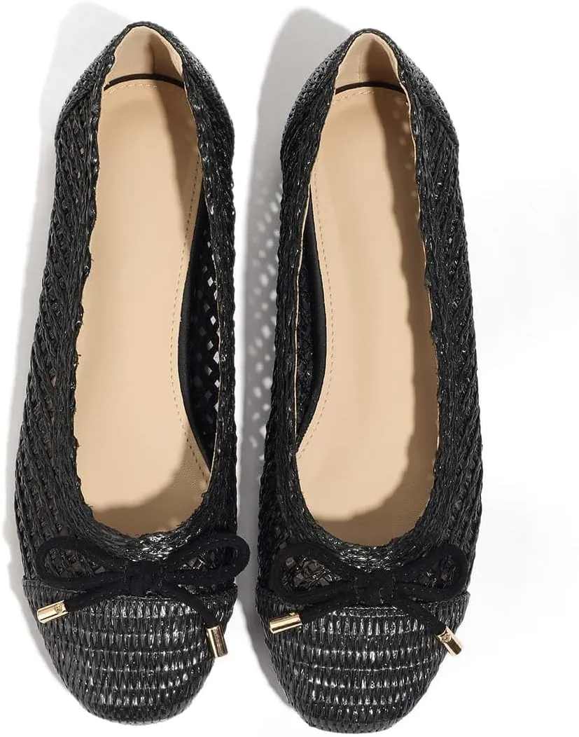 Ballet Flats Shoes for Women Fashionable Raffia Mary Jane Flats Comfortable Pull-on Breathable Bow Design
