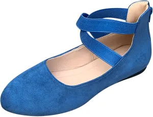 Ballet Flats Shoes for Women with Strap Comfortable Criss-Cross Elastic Ankle Straps Flats Shoes Round Toe Slip on Dress Flat Shoes