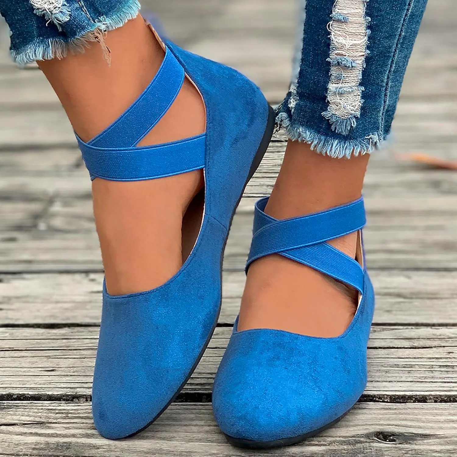 Ballet Flats Shoes for Women with Strap Comfortable Criss-Cross Elastic Ankle Straps Flats Shoes Round Toe Slip on Dress Flat Shoes
