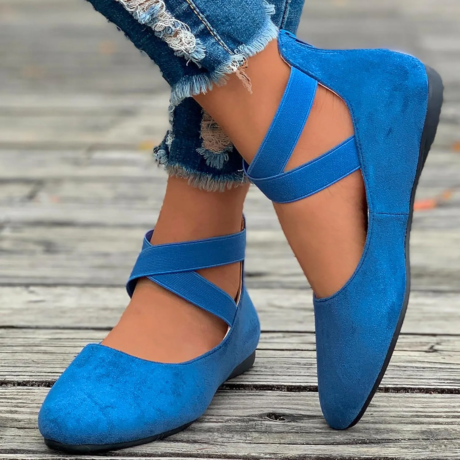 Ballet Flats Shoes for Women with Strap Comfortable Criss-Cross Elastic Ankle Straps Flats Shoes Round Toe Slip on Dress Flat Shoes