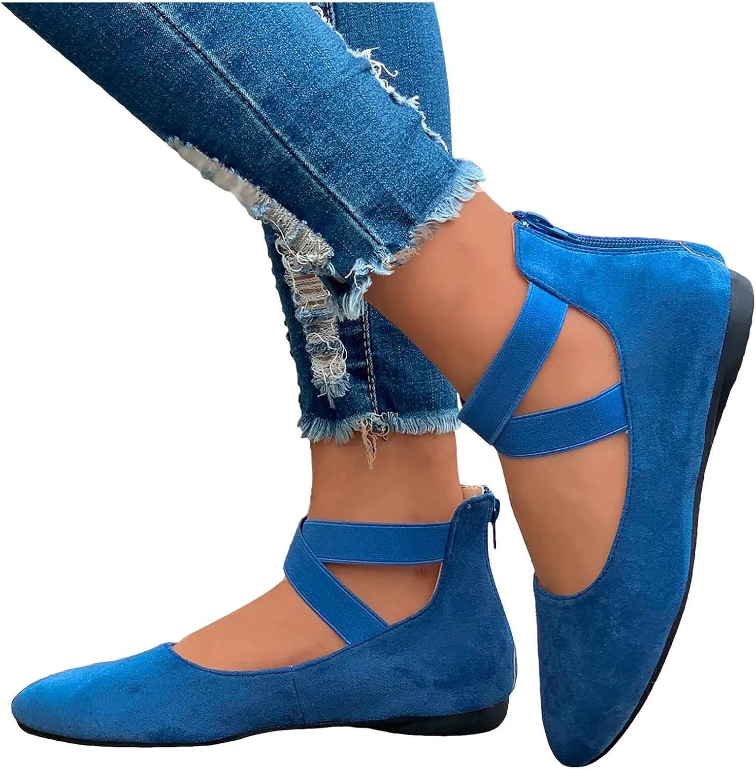 Ballet Flats Shoes for Women with Strap Comfortable Criss-Cross Elastic Ankle Straps Flats Shoes Round Toe Slip on Dress Flat Shoes
