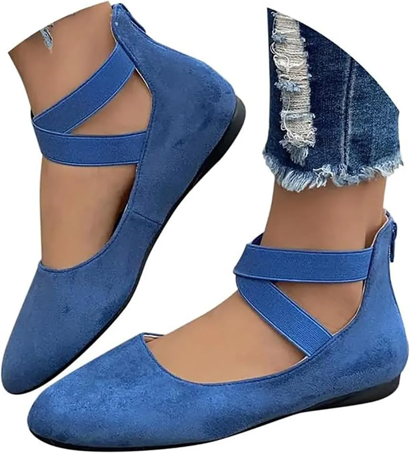 Ballet Flats Shoes for Women with Strap Comfortable Criss-Cross Elastic Ankle Straps Flats Shoes Round Toe Slip on Dress Flat Shoes