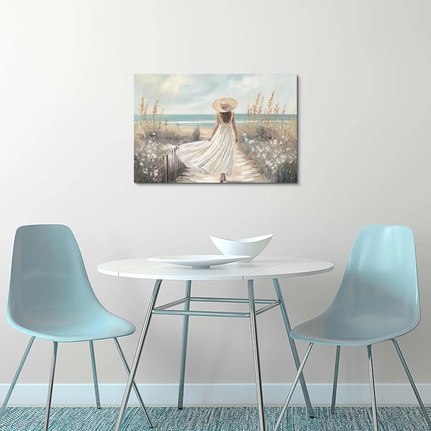Beach Landscape Canvas Print: Elegant Woman in White Hat & Dress Coastal Art, Seagrass Ocean Wall Decor 24x16 Inches