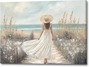 Beach Landscape Canvas Print: Elegant Woman in White Hat & Dress Coastal Art, Seagrass Ocean Wall Decor 24x16 Inches