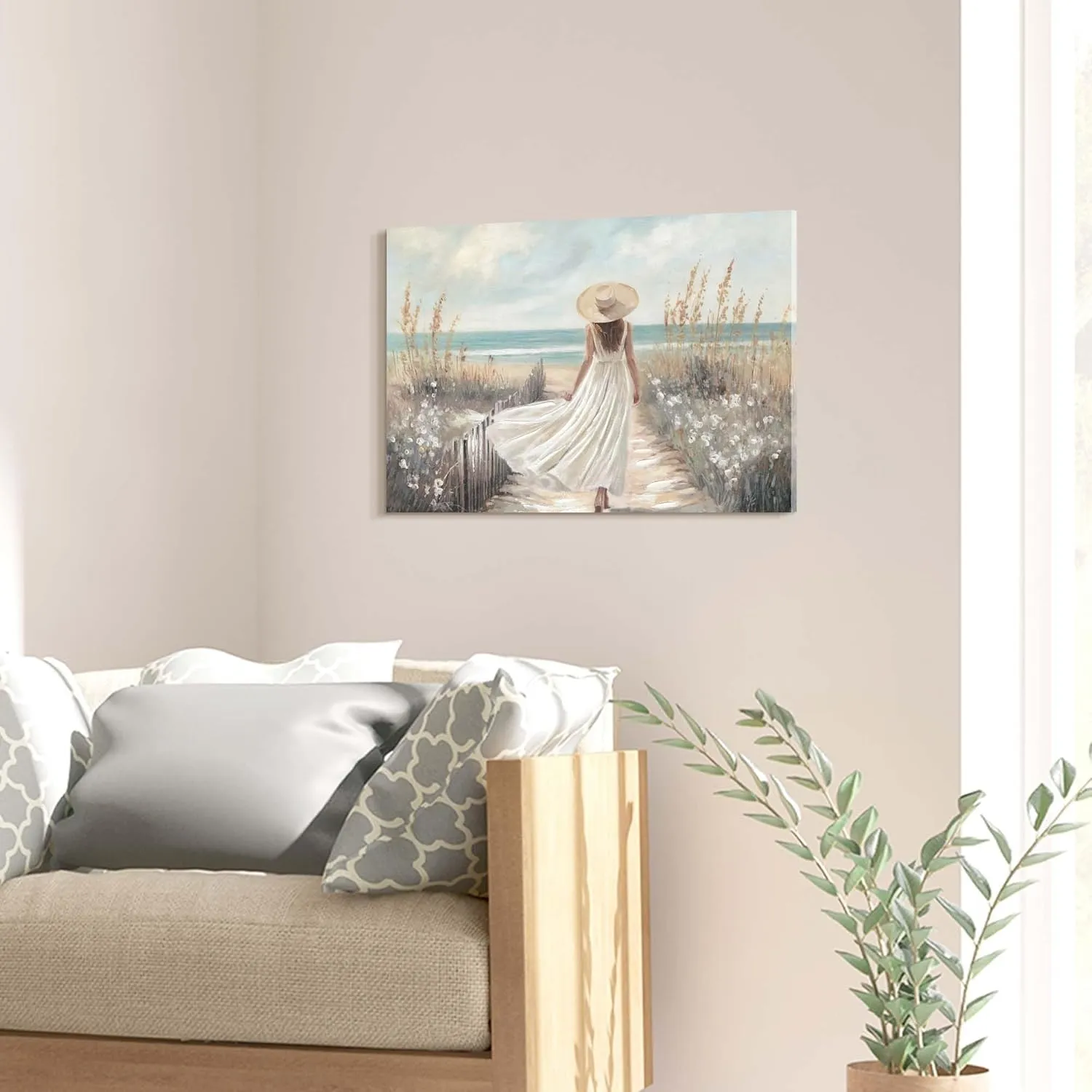 Beach Landscape Canvas Print: Elegant Woman in White Hat & Dress Coastal Art, Seagrass Ocean Wall Decor 24x16 Inches