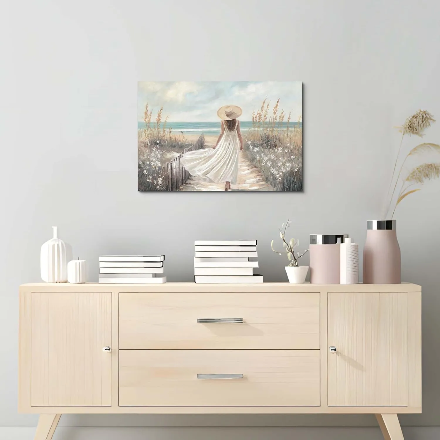 Beach Landscape Canvas Print: Elegant Woman in White Hat & Dress Coastal Art, Seagrass Ocean Wall Decor 24x16 Inches