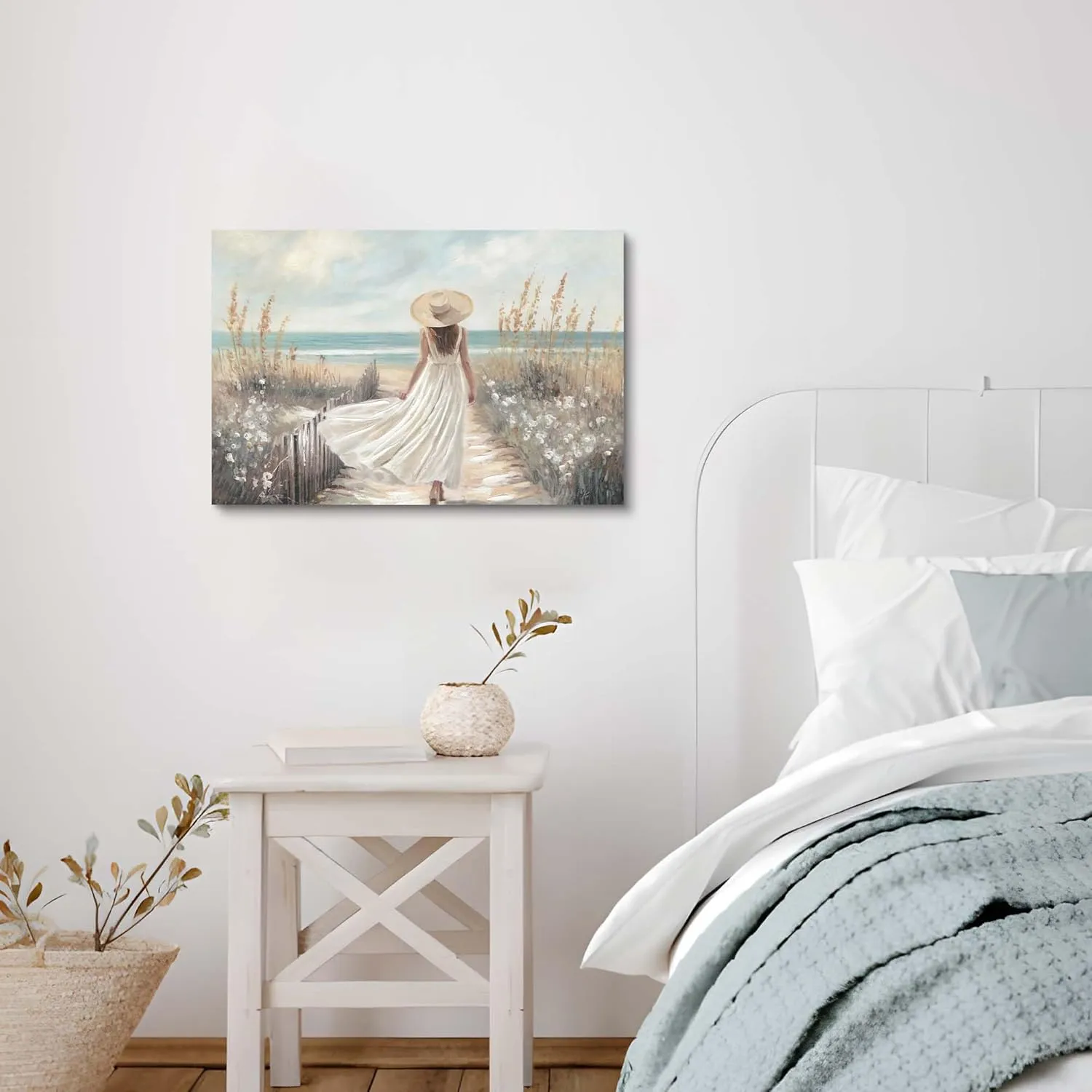 Beach Landscape Canvas Print: Elegant Woman in White Hat & Dress Coastal Art, Seagrass Ocean Wall Decor 24x16 Inches