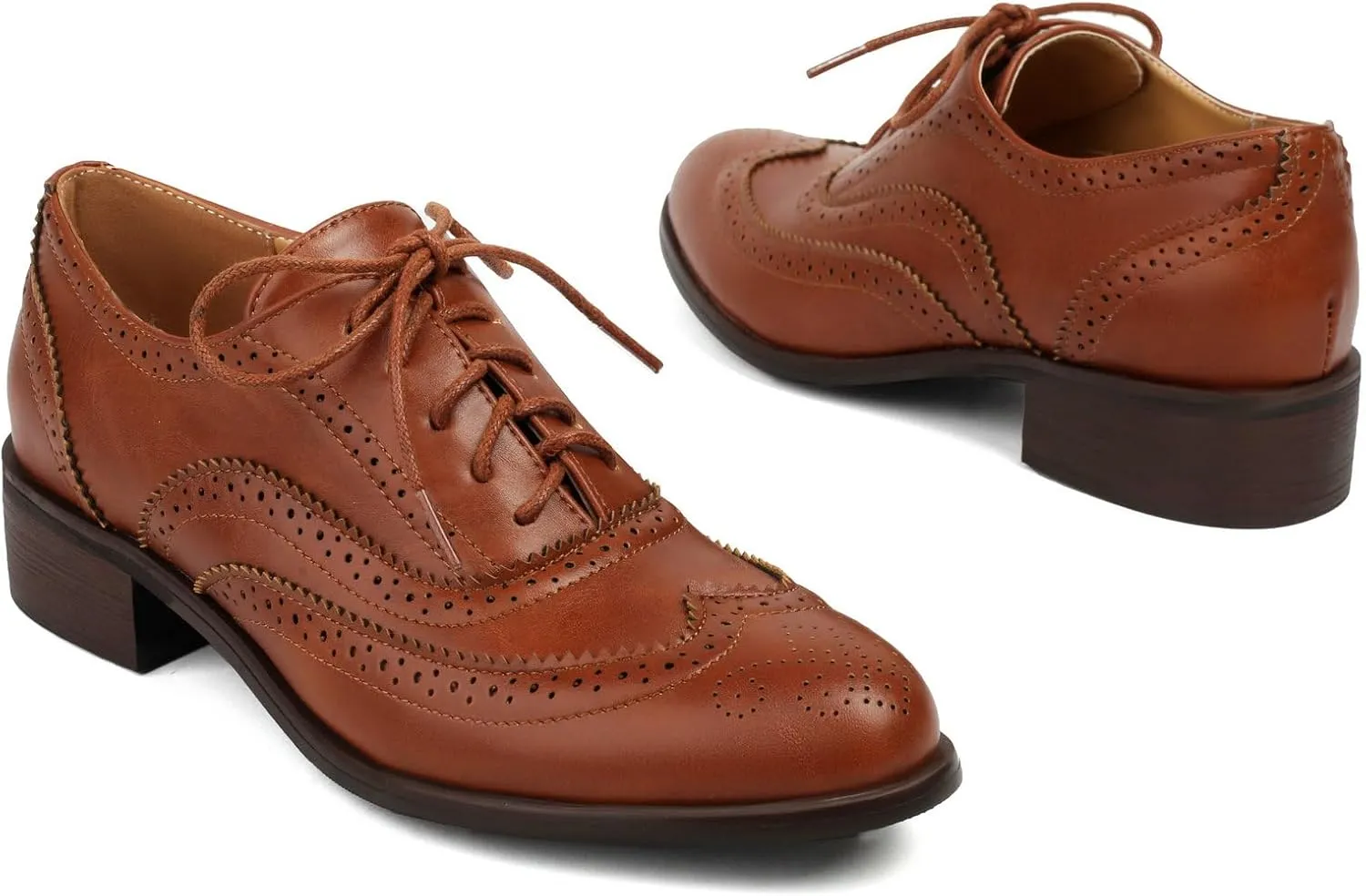 Betastella Womens Lace Up Wingtip Oxford Shoes Vintage Brogue Oxfords Round Toe Chunky Low Heel Pumps Shoes