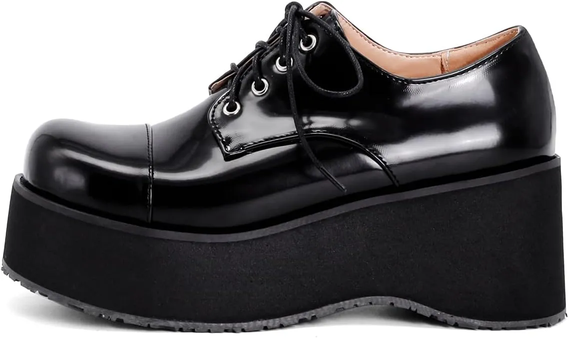Betastella Women's Platform Oxfords Goth Wedge Patent Leather Lace Up Gothic Shoes