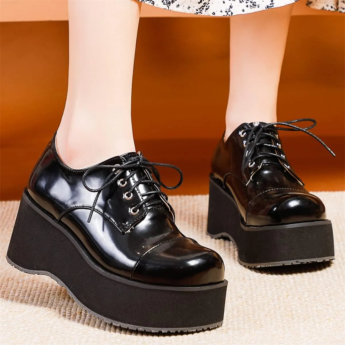 Betastella Women's Platform Oxfords Goth Wedge Patent Leather Lace Up Gothic Shoes