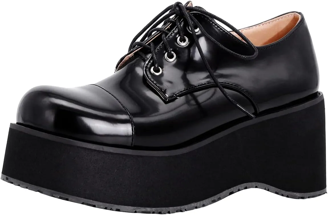 Betastella Women's Platform Oxfords Goth Wedge Patent Leather Lace Up Gothic Shoes