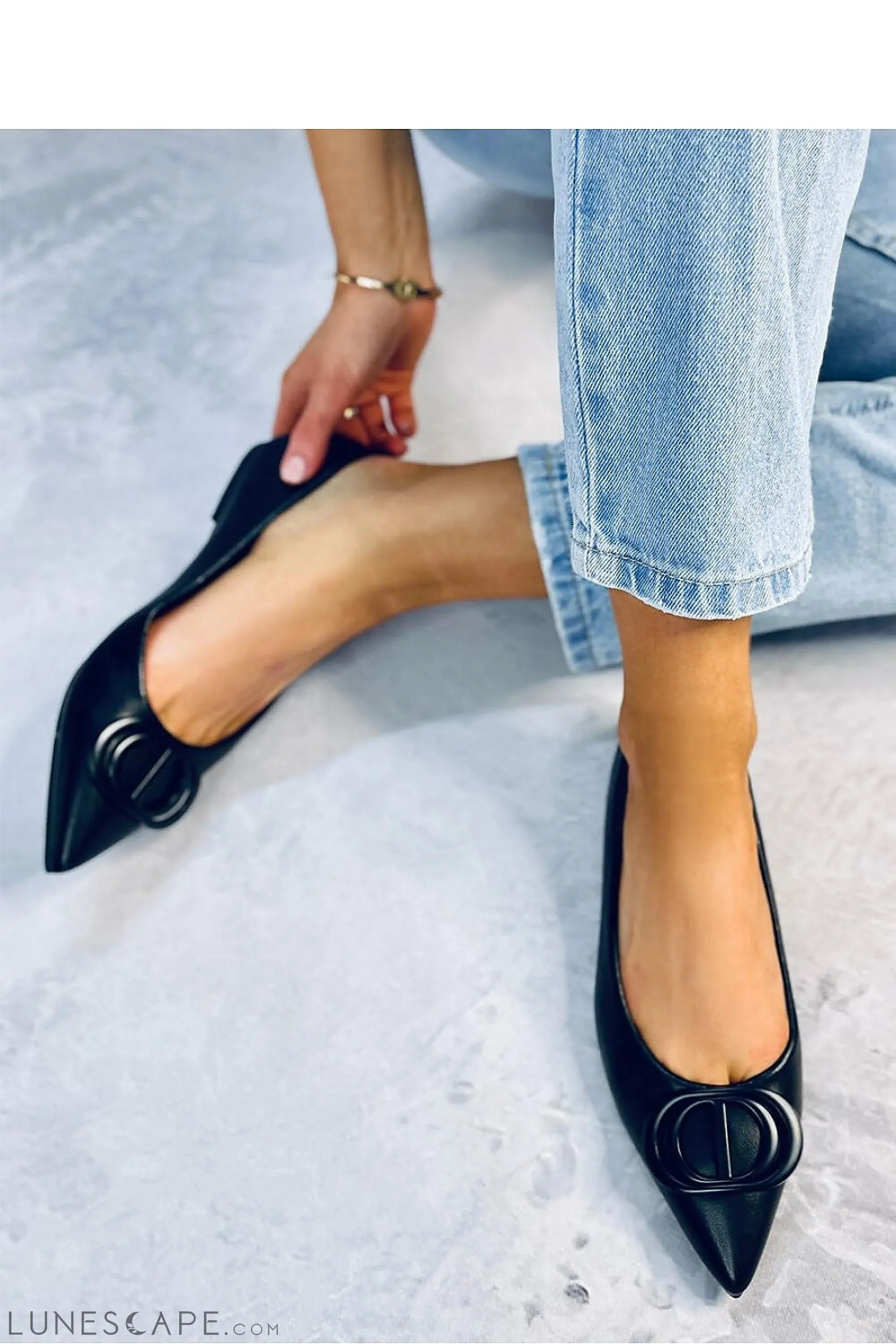 Black Eco-Leather Pointed-Toe Flats with Sculptural Buckle Detail