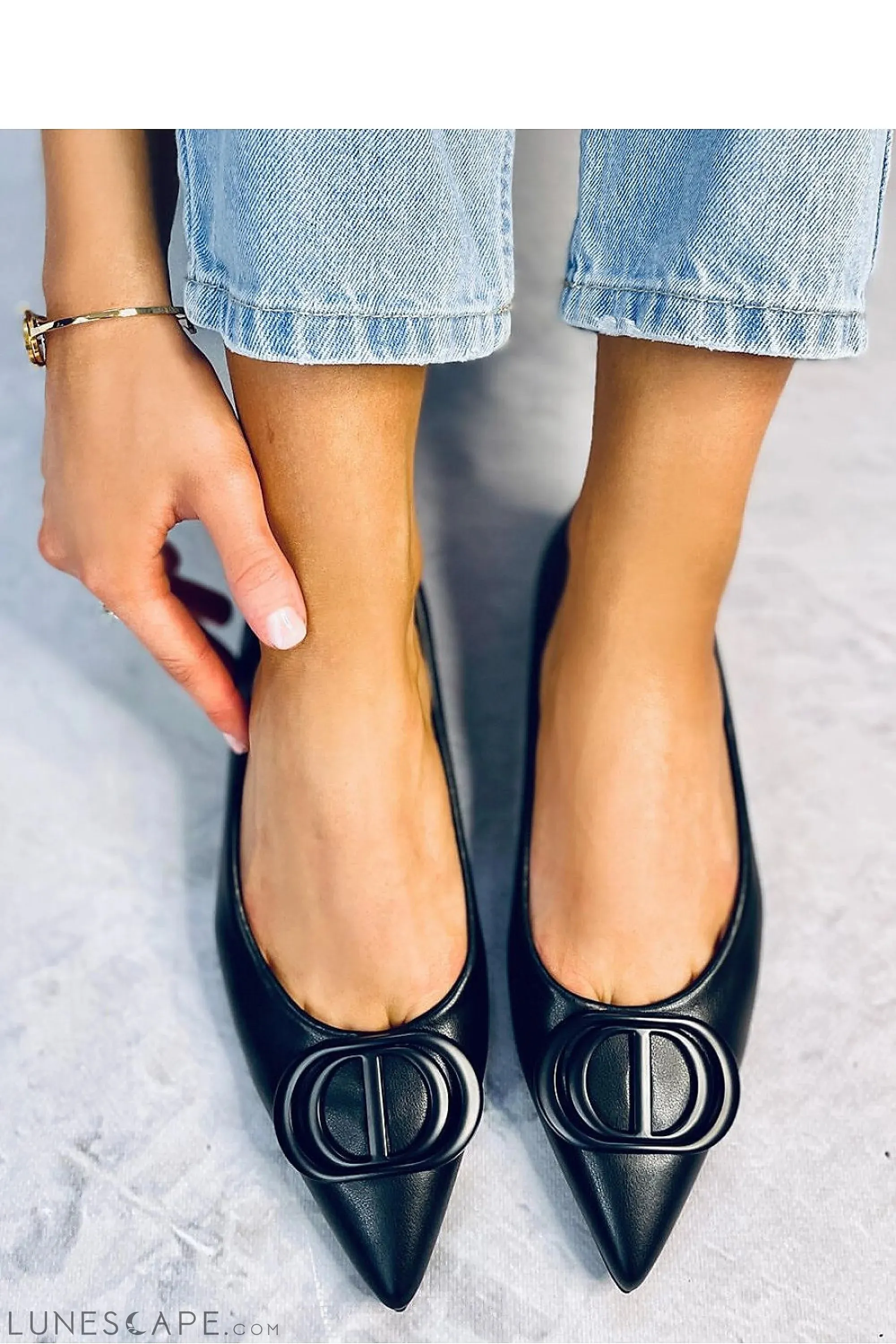 Black Eco-Leather Pointed-Toe Flats with Sculptural Buckle Detail