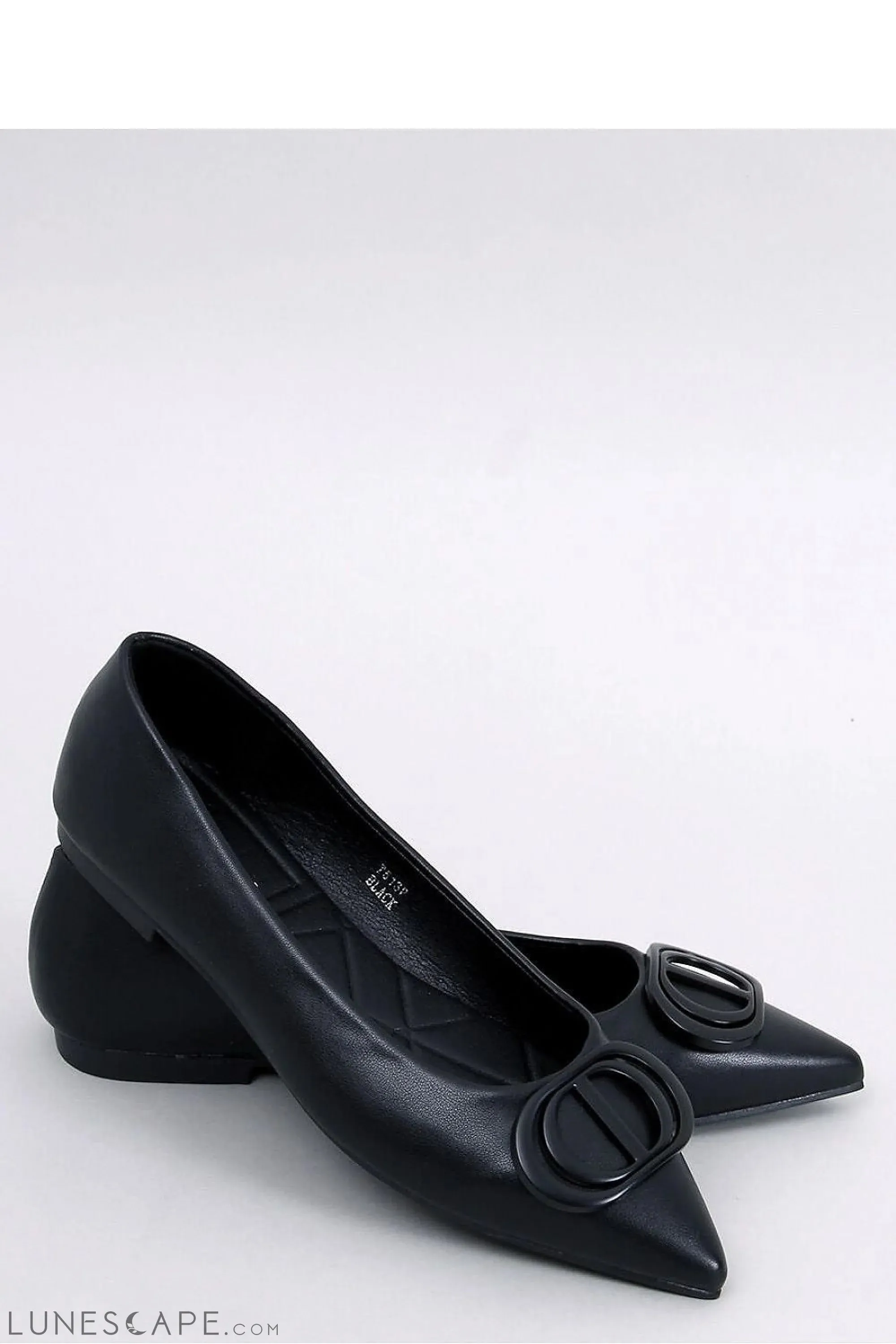 Black Eco-Leather Pointed-Toe Flats with Sculptural Buckle Detail
