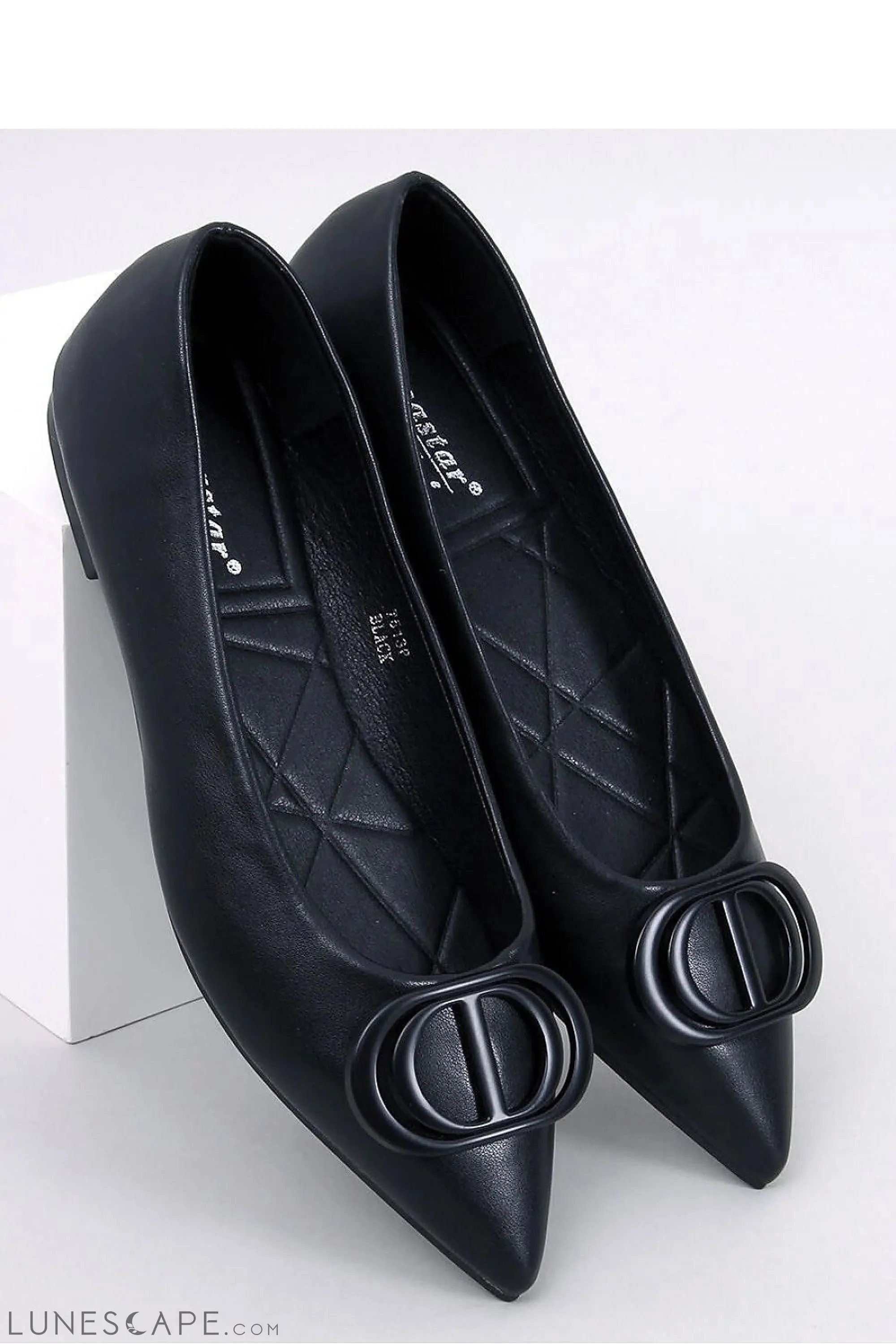 Black Eco-Leather Pointed-Toe Flats with Sculptural Buckle Detail