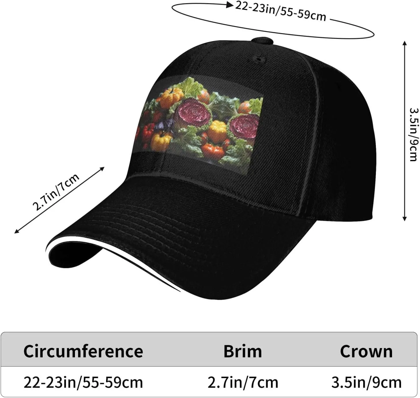 Black Stylish Baseball Cap for Men and Women â€“ Fresh Cabbage Print Perfect for Sports, Travel, and Outdoor Activities