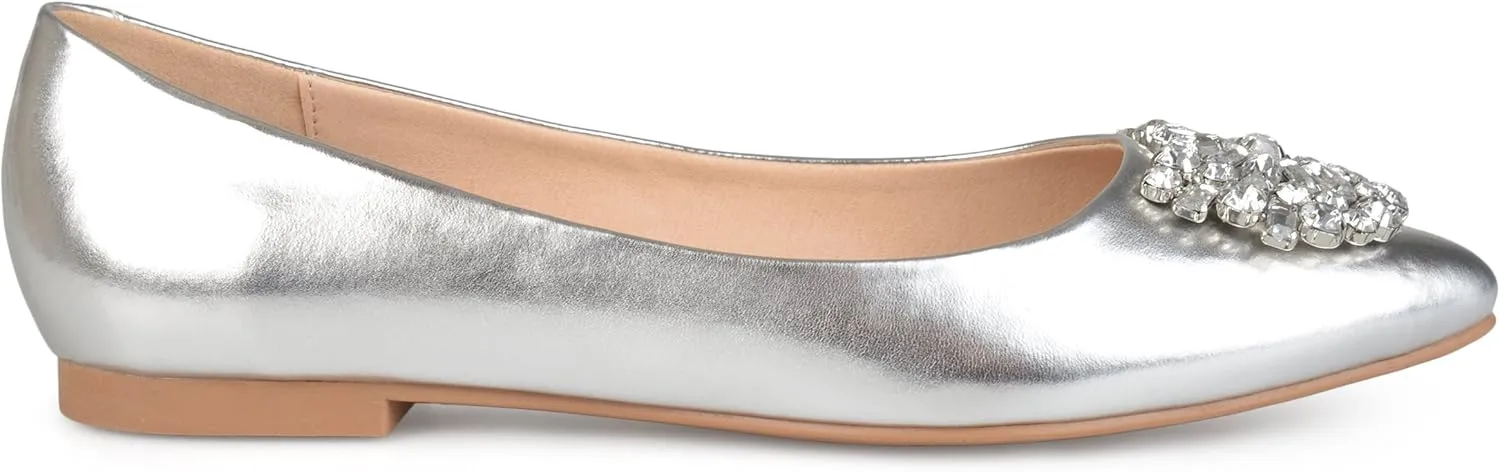 Brinley Co. Womens Faux Leather Pointed Toe Jewel Flats Silver, 10 Regular US