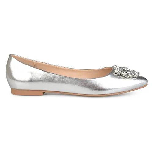 Brinley Co. Womens Faux Leather Pointed Toe Jewel Flats Silver, 8 Regular US