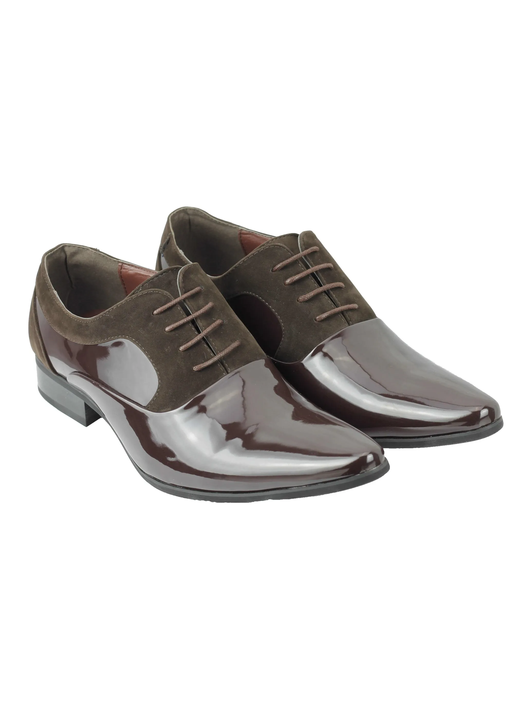 BROWN FAUX PATENT SUEDE LEATHER LACE UP SHOES