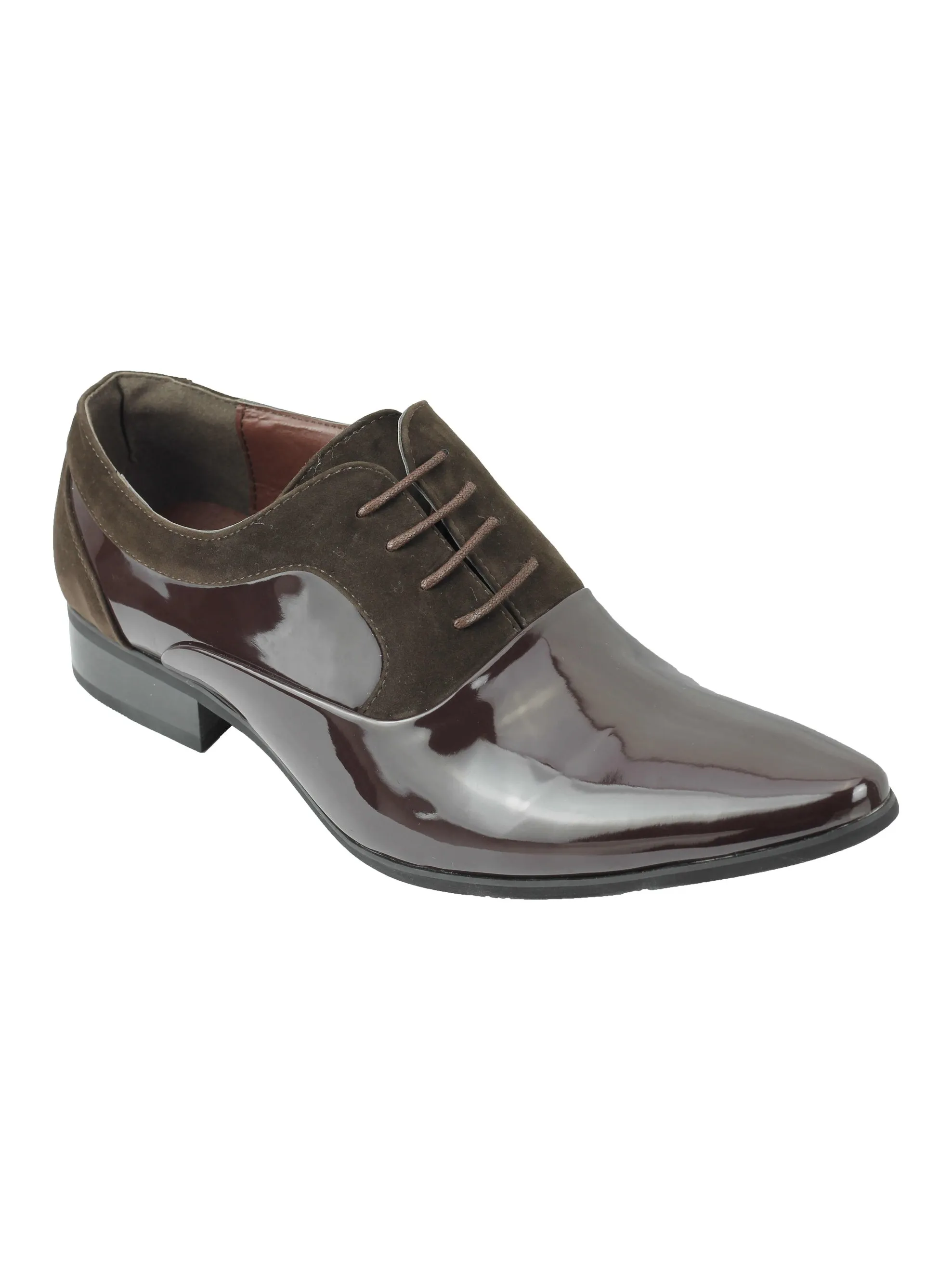 BROWN FAUX PATENT SUEDE LEATHER LACE UP SHOES